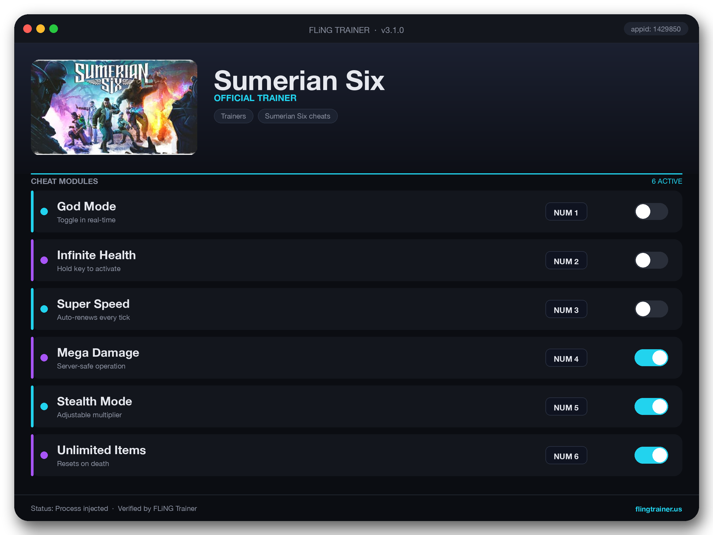Sumerian Six Trainer interface