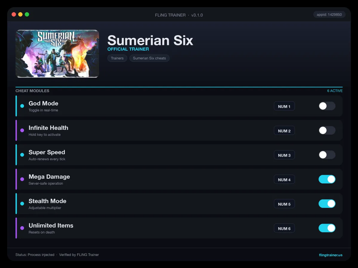 Sumerian Six Trainer interface