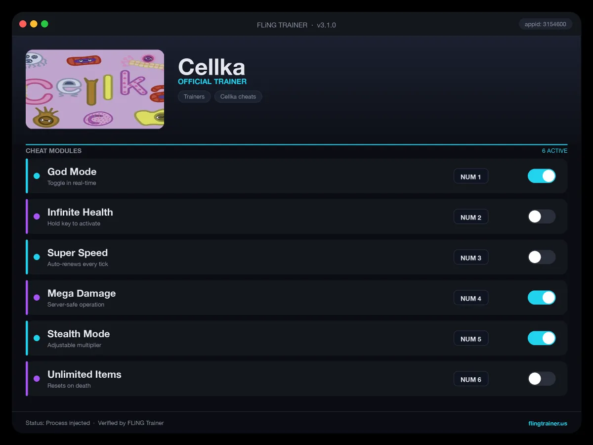 Cellka Trainer interface