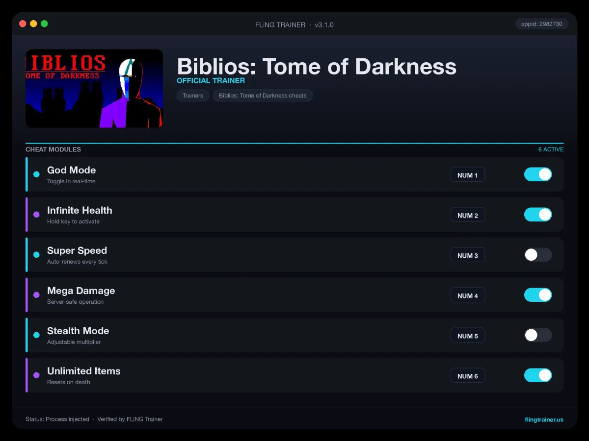 Biblios: Tome of Darkness Trainer interface