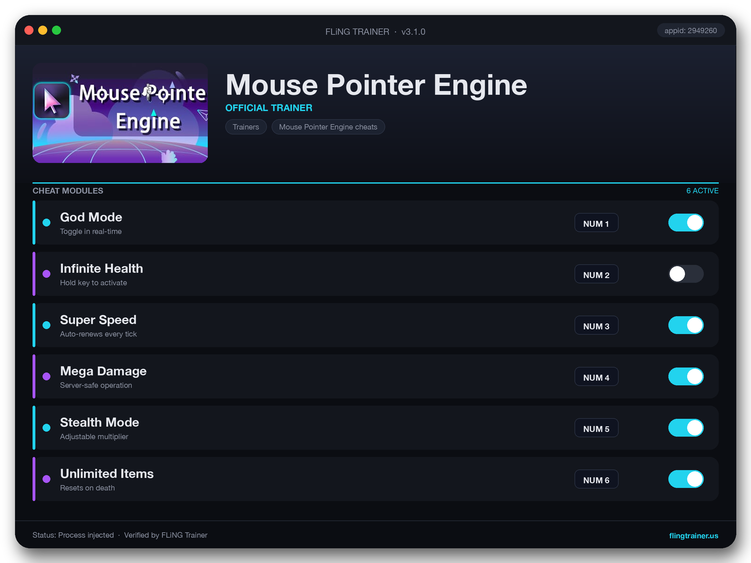 Mouse Pointer Engine Trainer interface