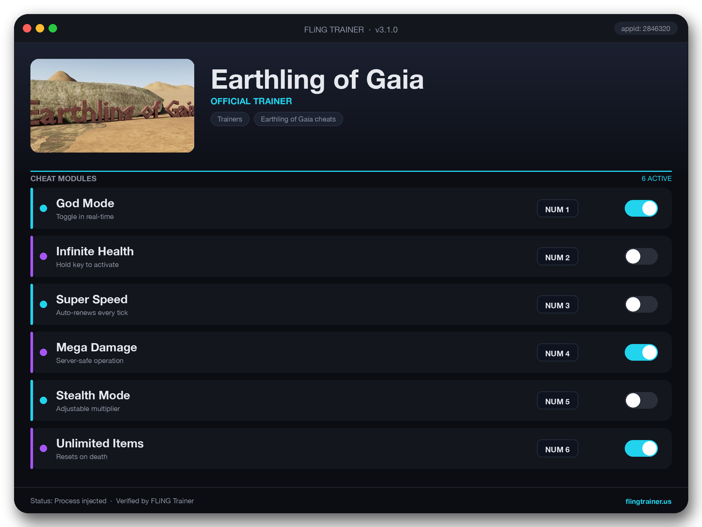 Earthling of Gaia Trainer interface
