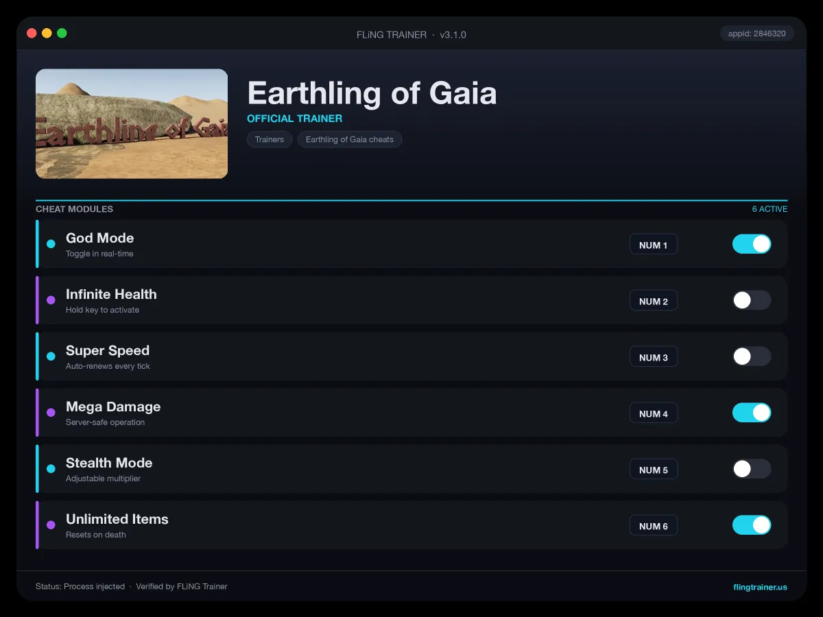Earthling of Gaia Trainer interface