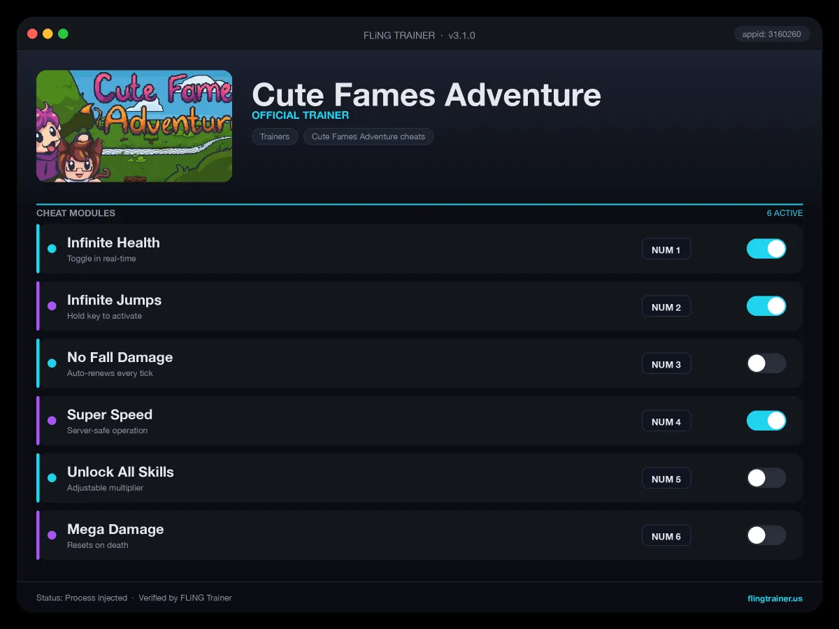 Cute Fames Adventure Trainer interface