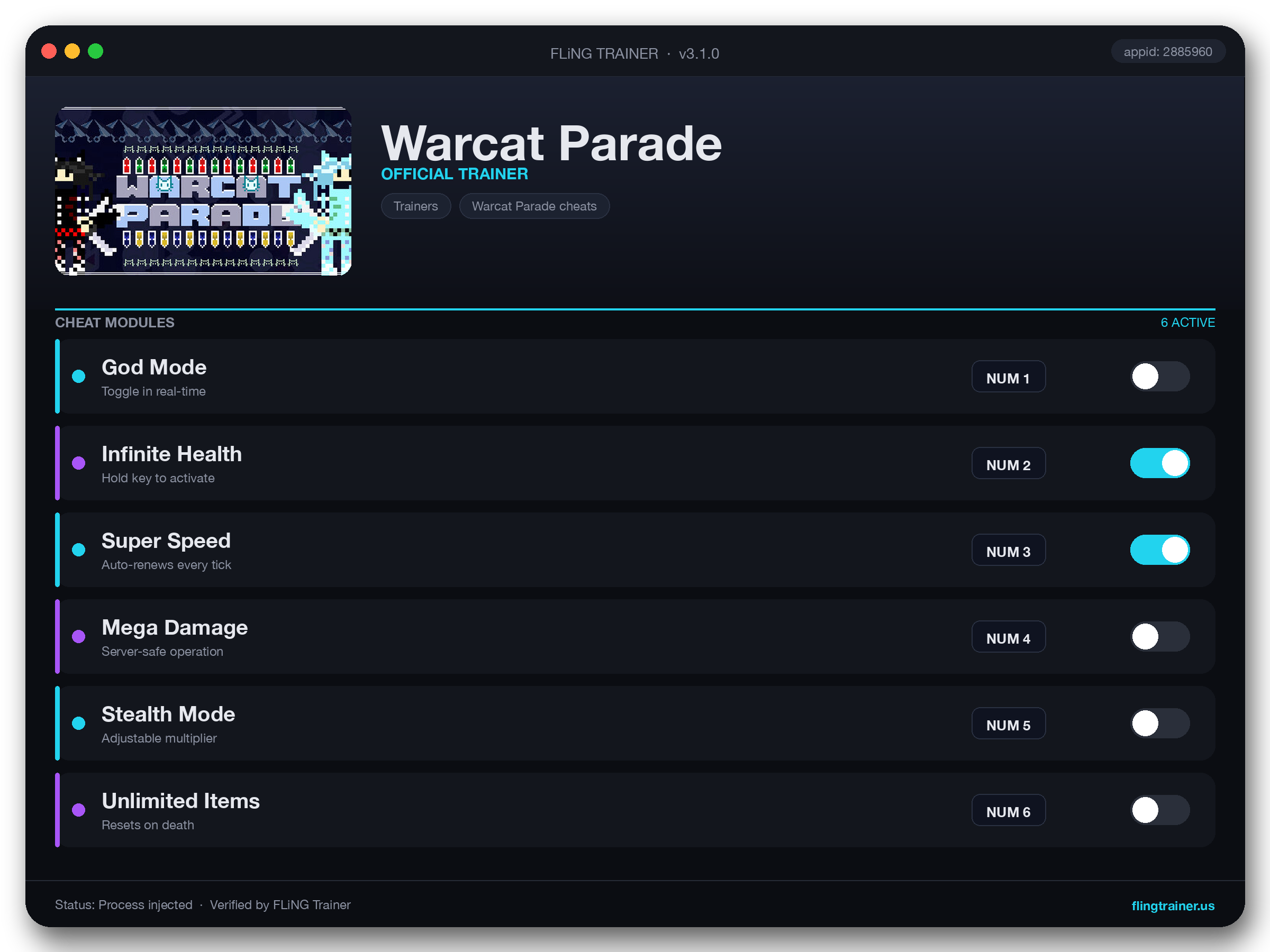 Warcat Parade Trainer interface