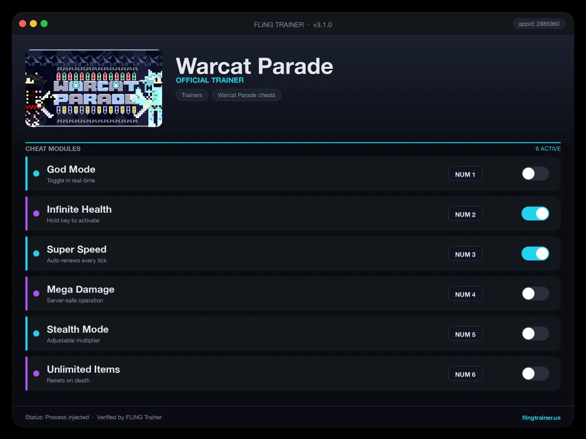Warcat Parade Trainer interface