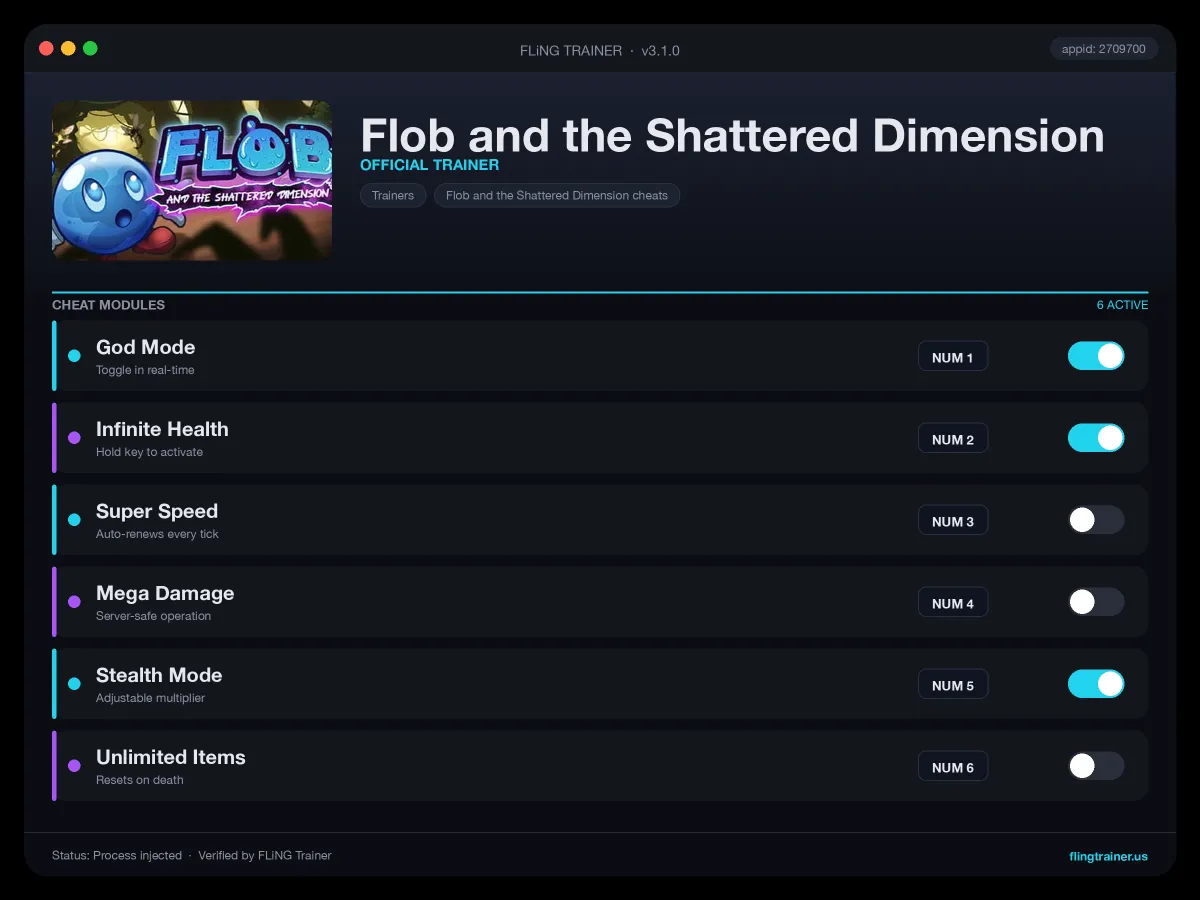 Flob and the Shattered Dimension Trainer interface