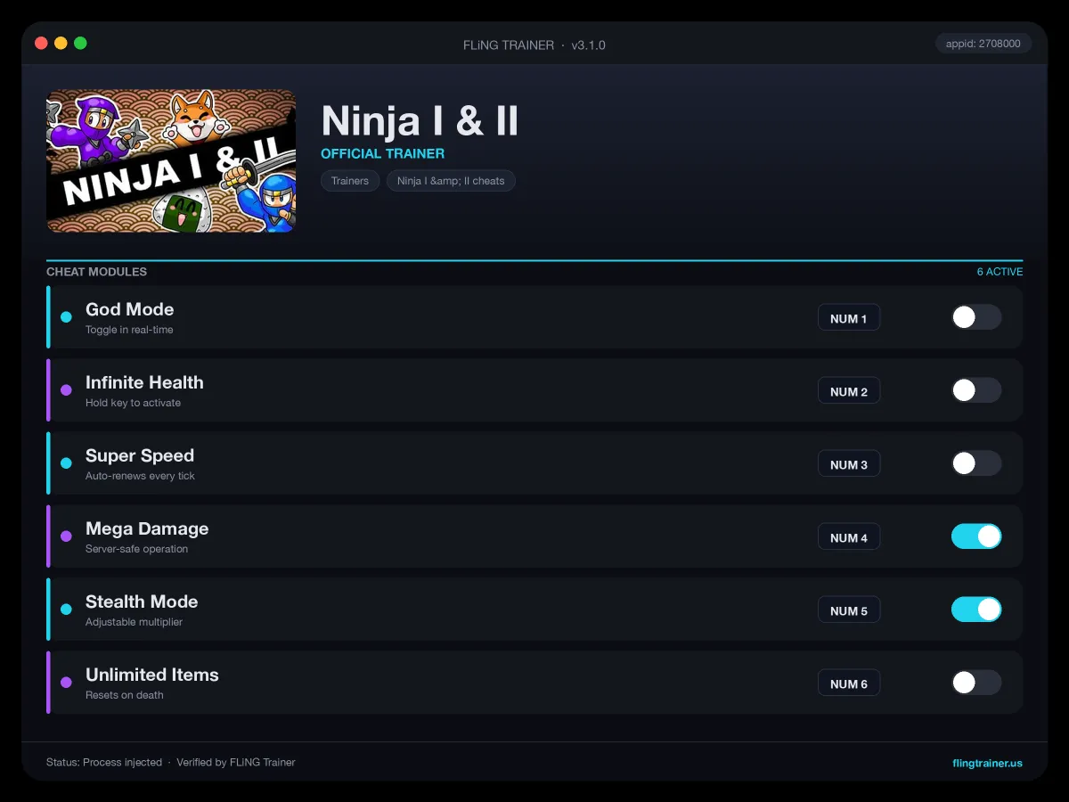Ninja I & II Trainer interface