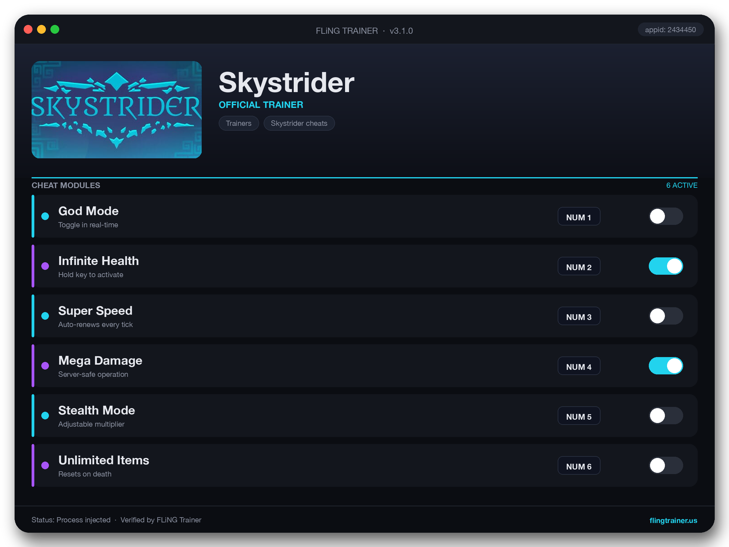 Skystrider Trainer interface