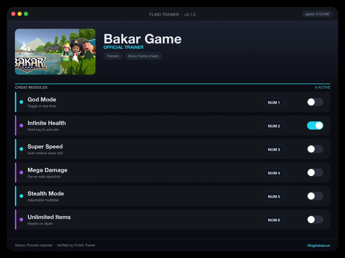 Bakar Game Trainer interface