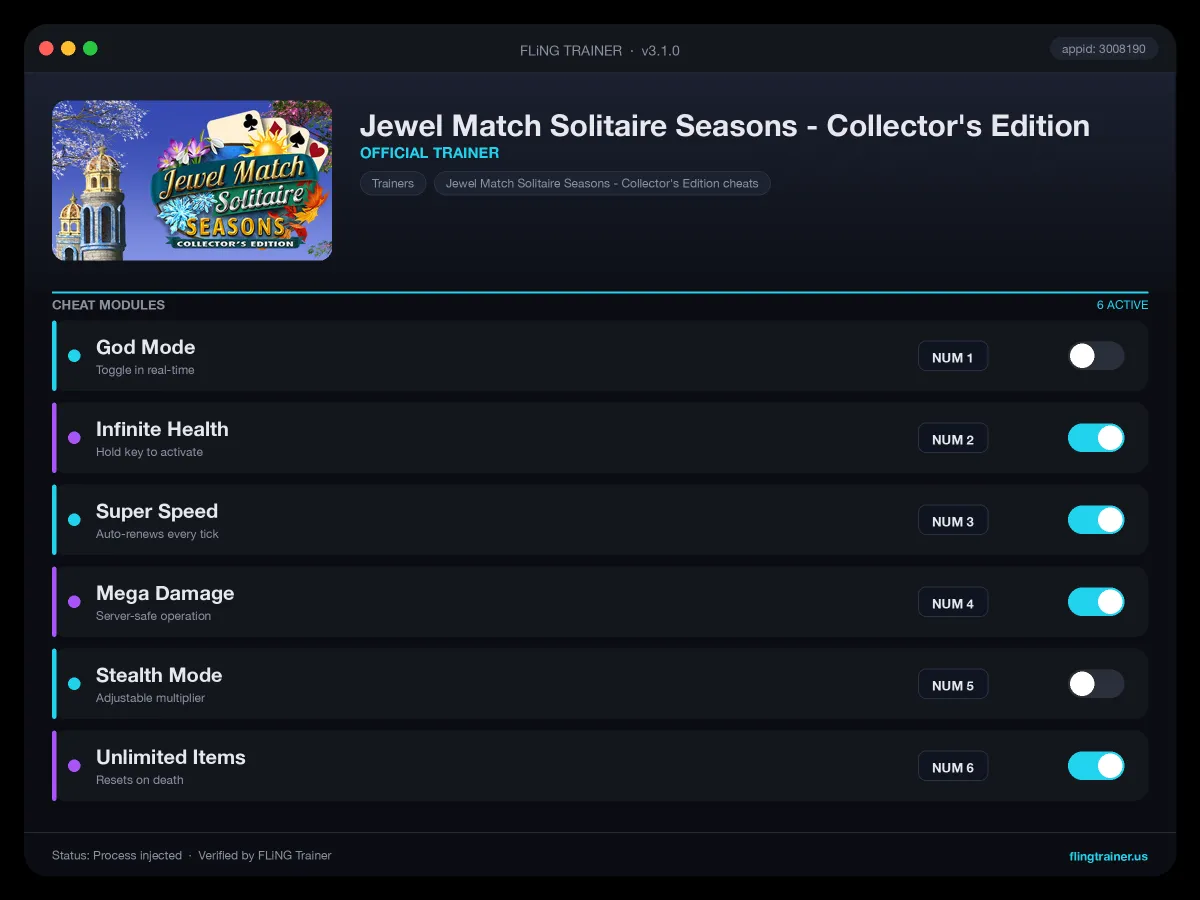 Jewel Match Solitaire Seasons - Collector's Edition Trainer interface