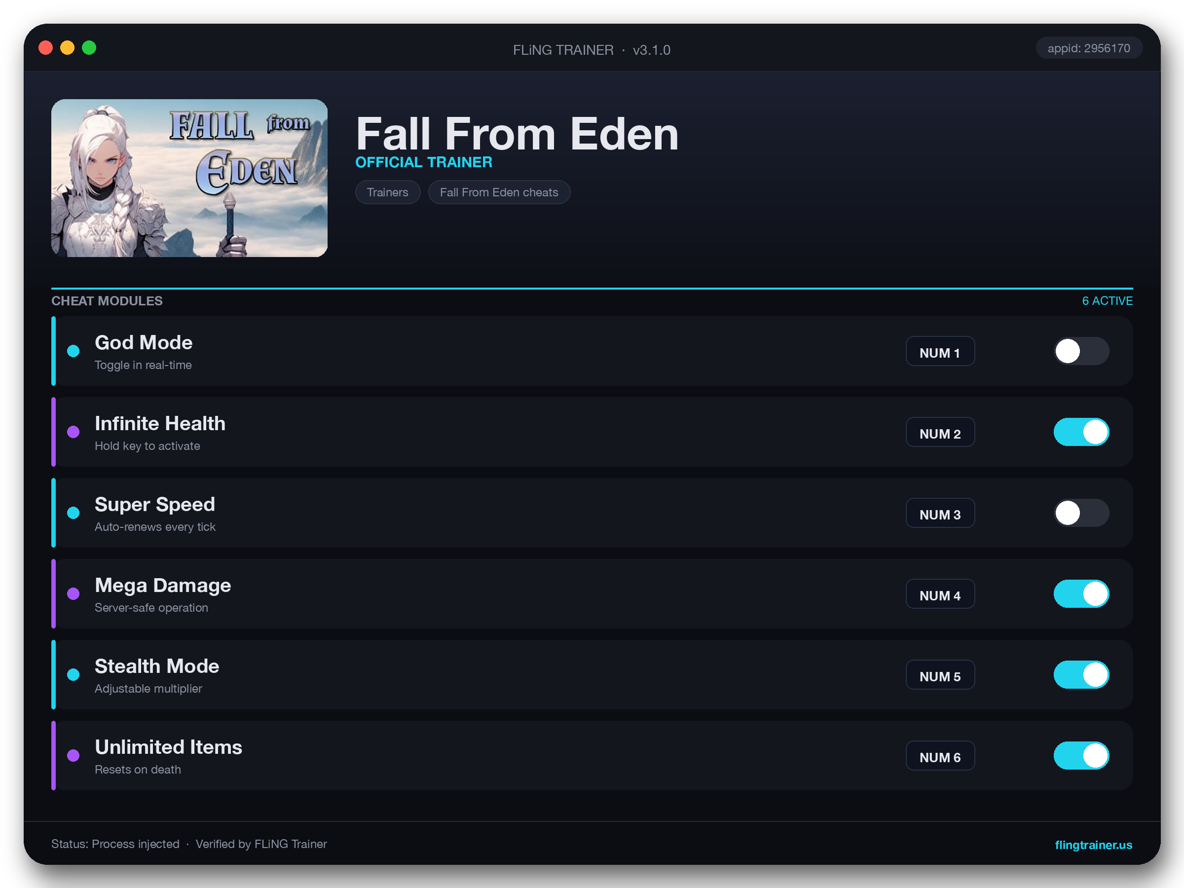 Fall From Eden Trainer interface