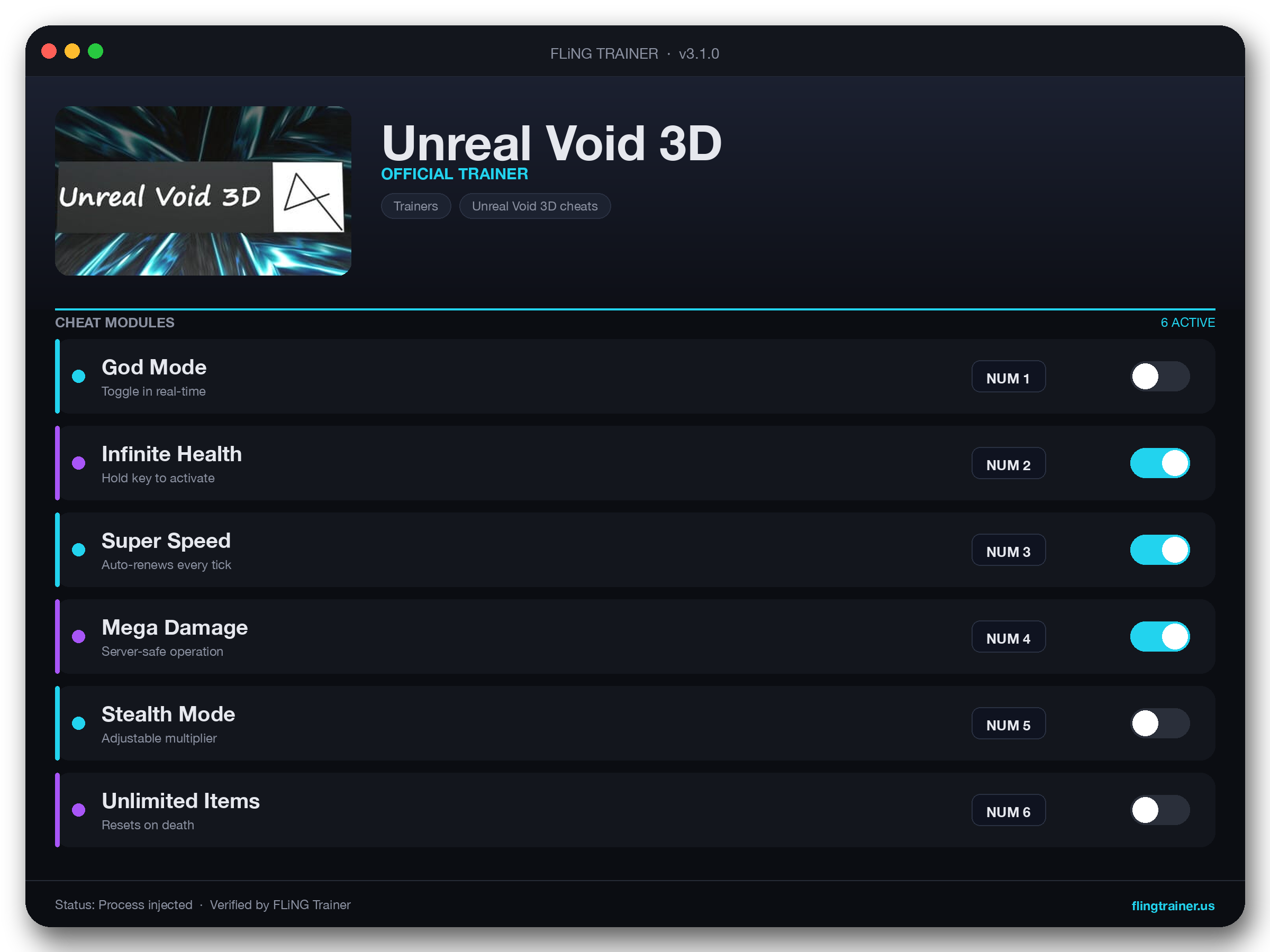 Unreal Void 3D Trainer interface
