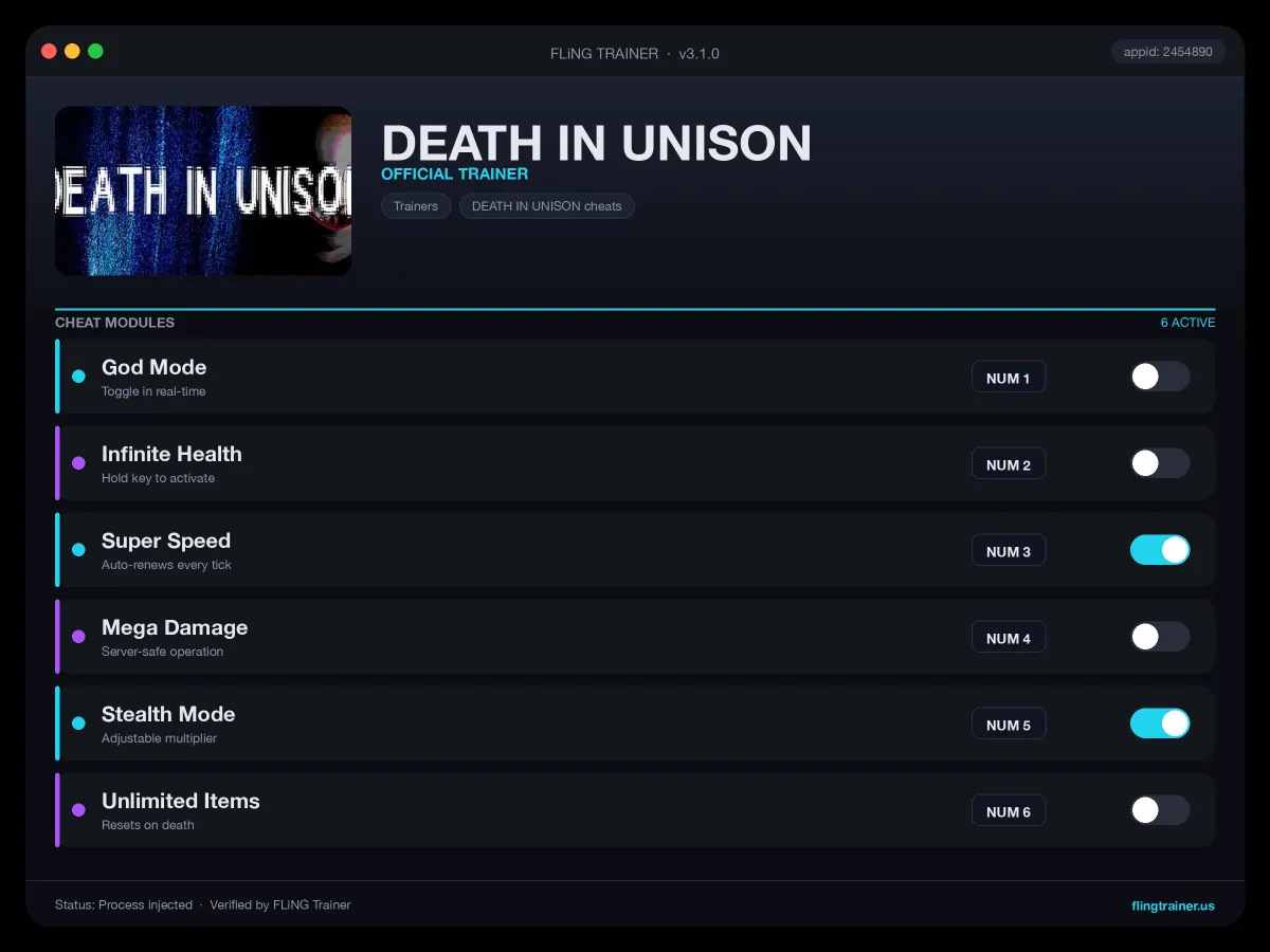 DEATH IN UNISON Trainer interface