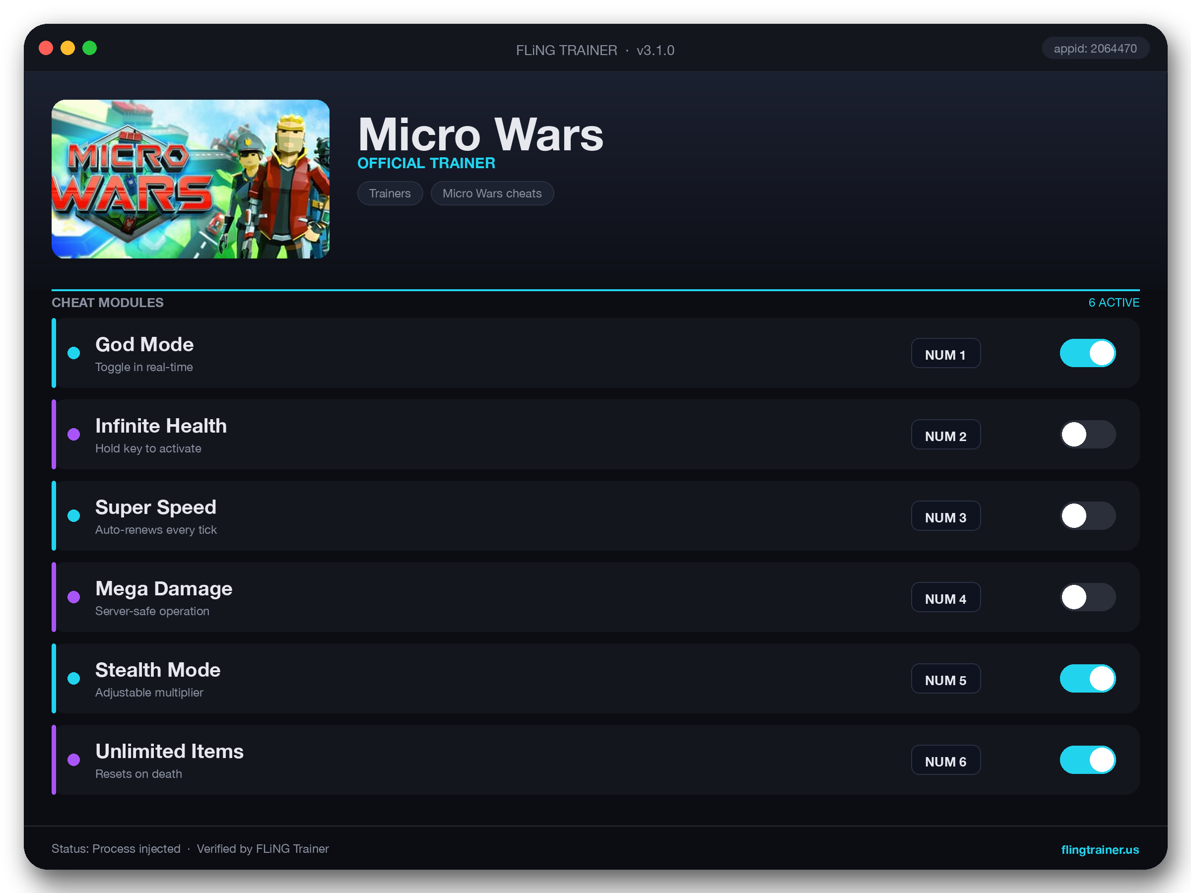 Micro Wars Trainer interface