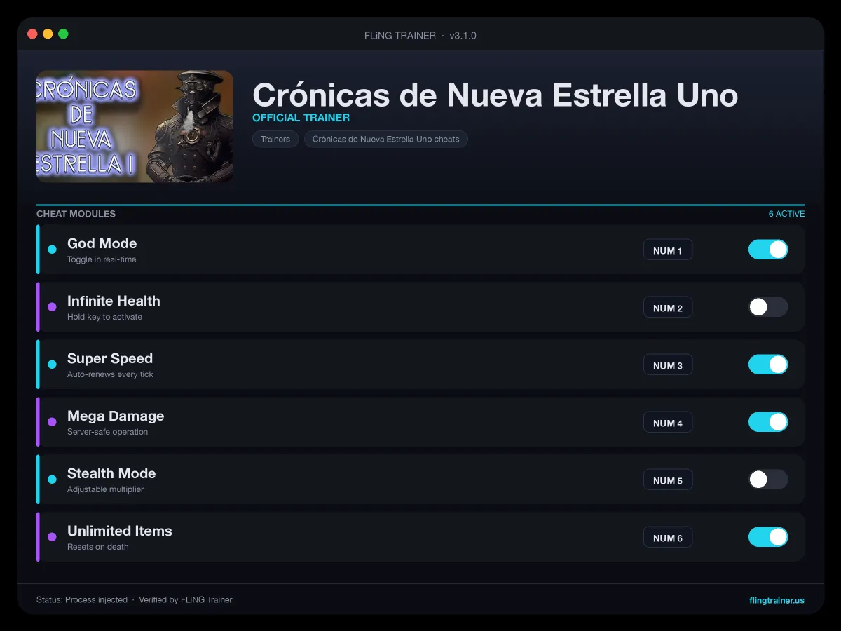 Crónicas de Nueva Estrella Uno Trainer interface
