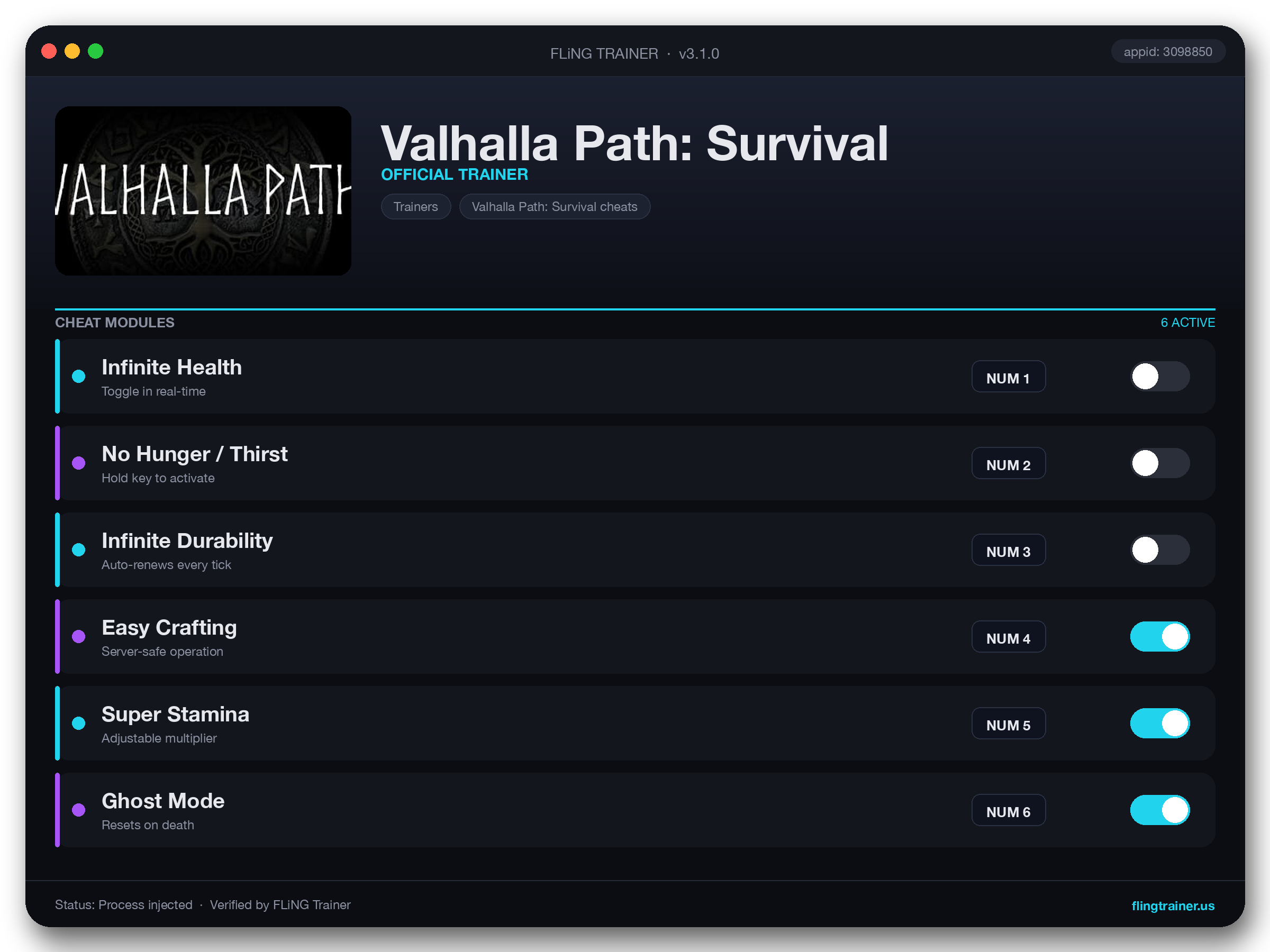 Valhalla Path: Survival Trainer interface