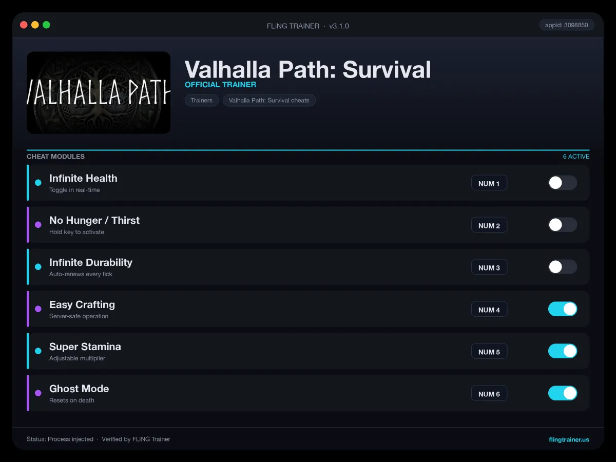Valhalla Path: Survival Trainer interface