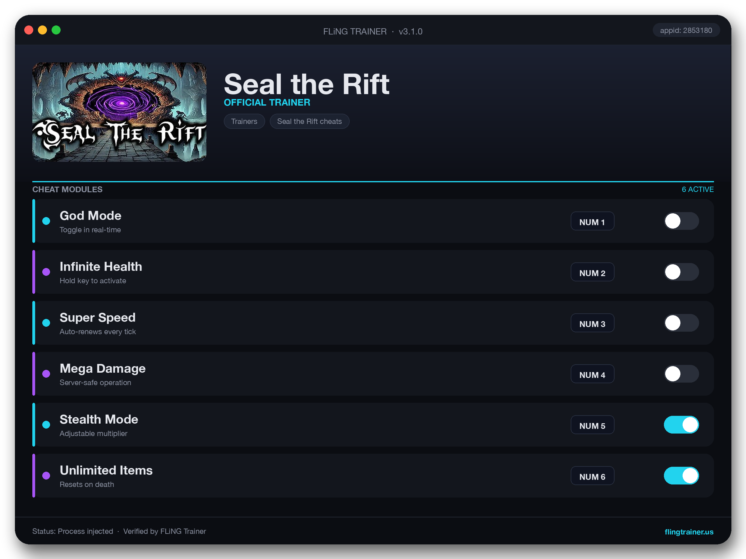Seal the Rift Trainer interface