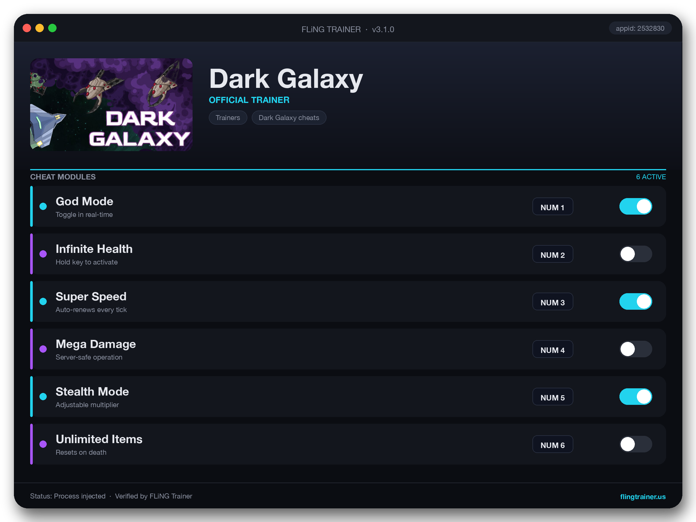 Dark Galaxy Trainer interface