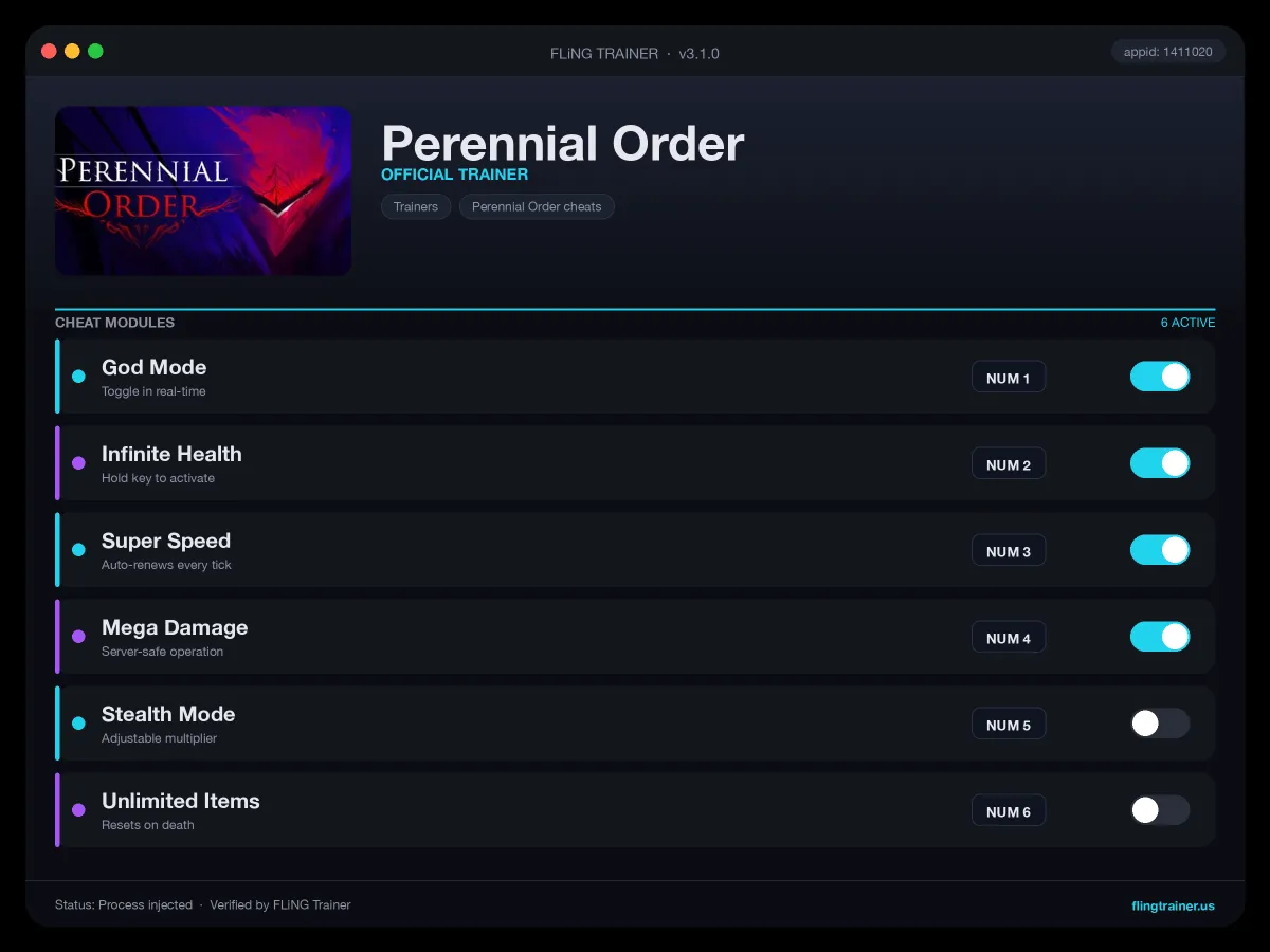 Perennial Order Trainer interface