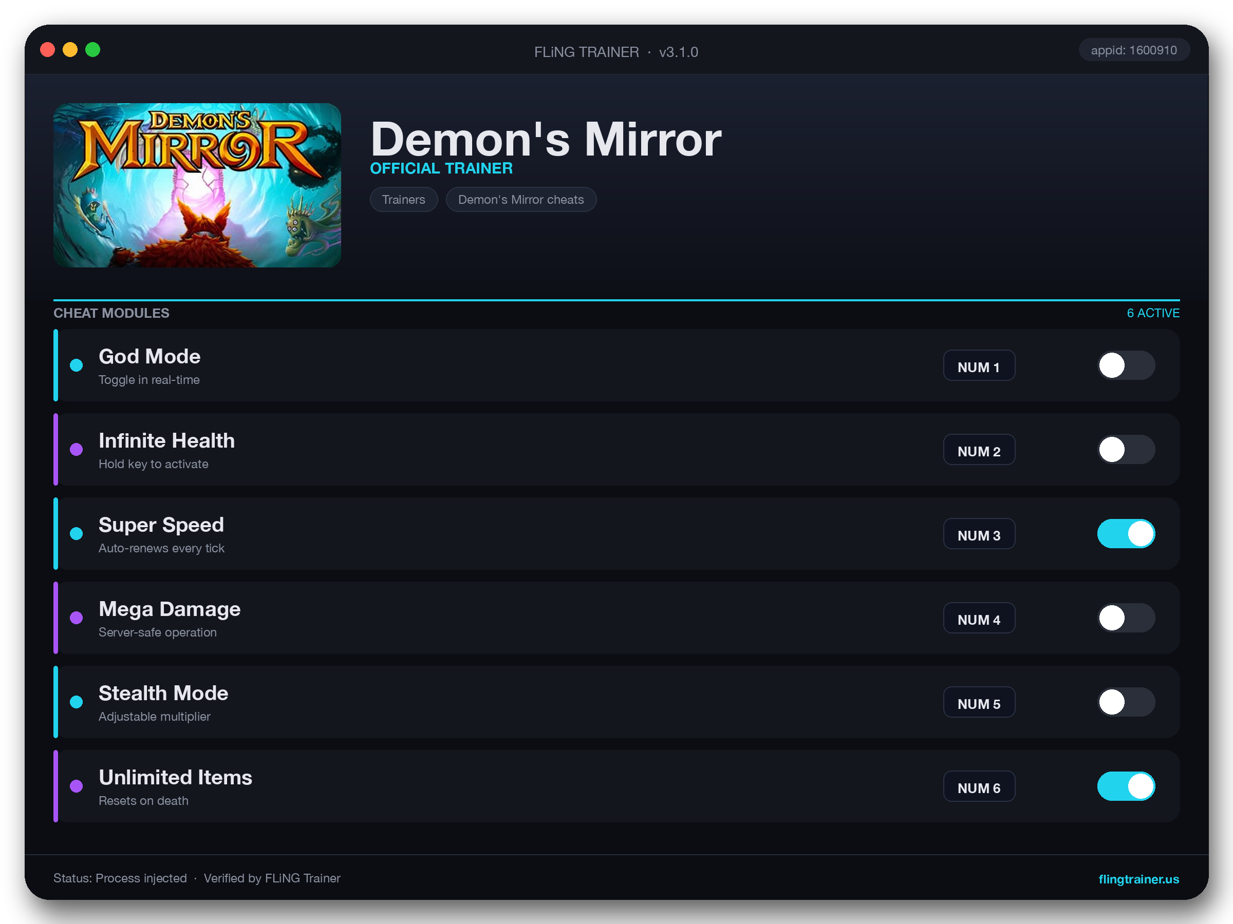 Demon's Mirror Trainer interface