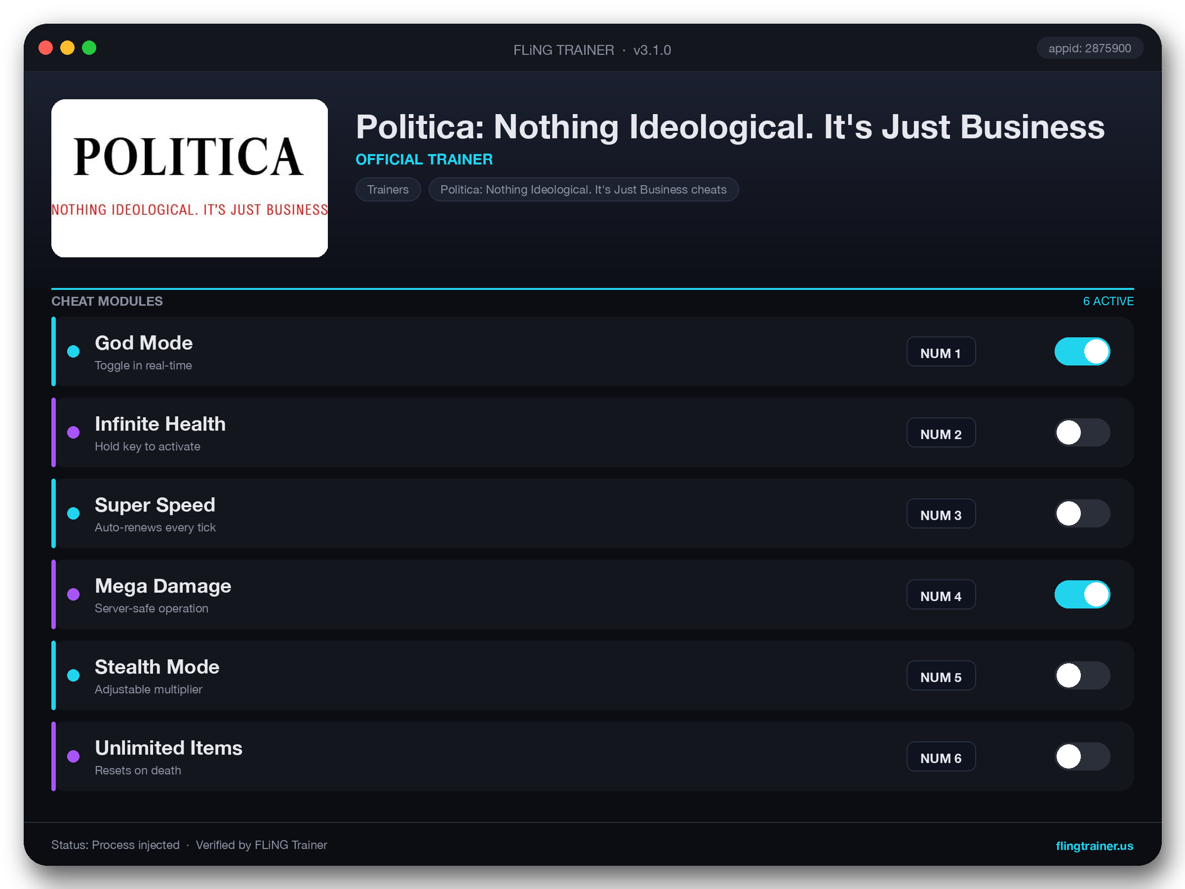 Politica: Nothing Ideological. It's Just Business Trainer interface