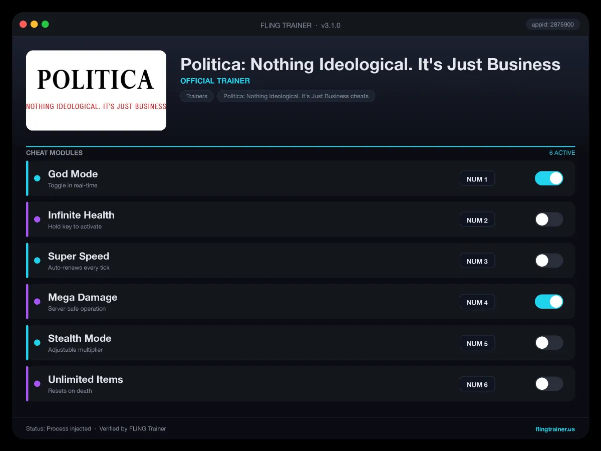 Politica: Nothing Ideological. It's Just Business Trainer interface