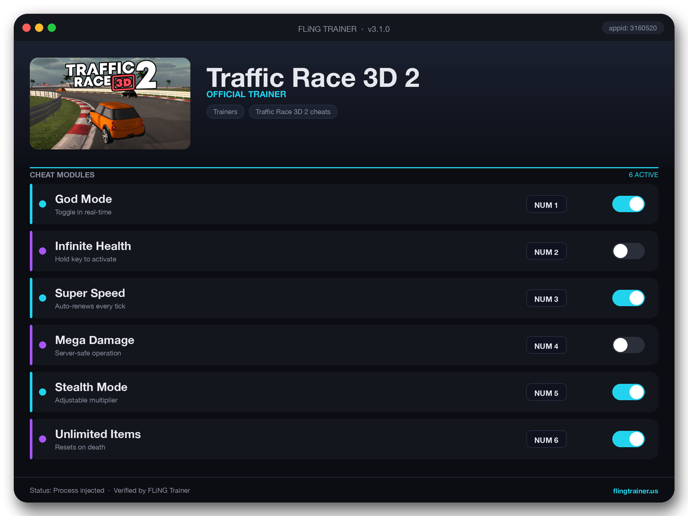 Traffic Race 3D 2 Trainer interface