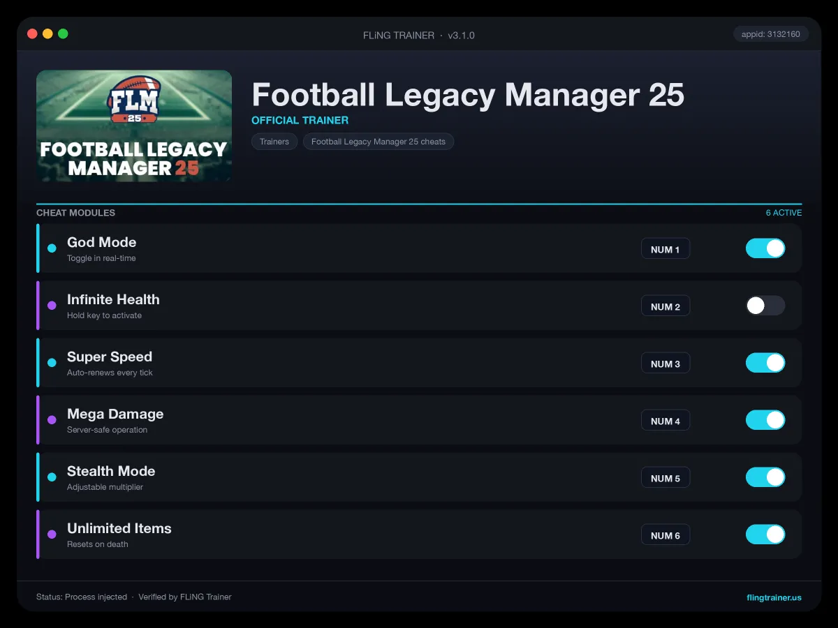 Football Legacy Manager 25 Trainer interface