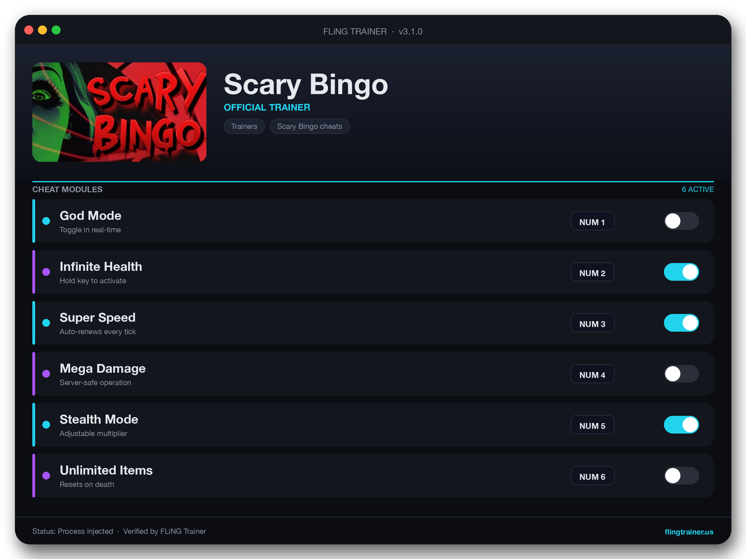 Scary Bingo Trainer interface