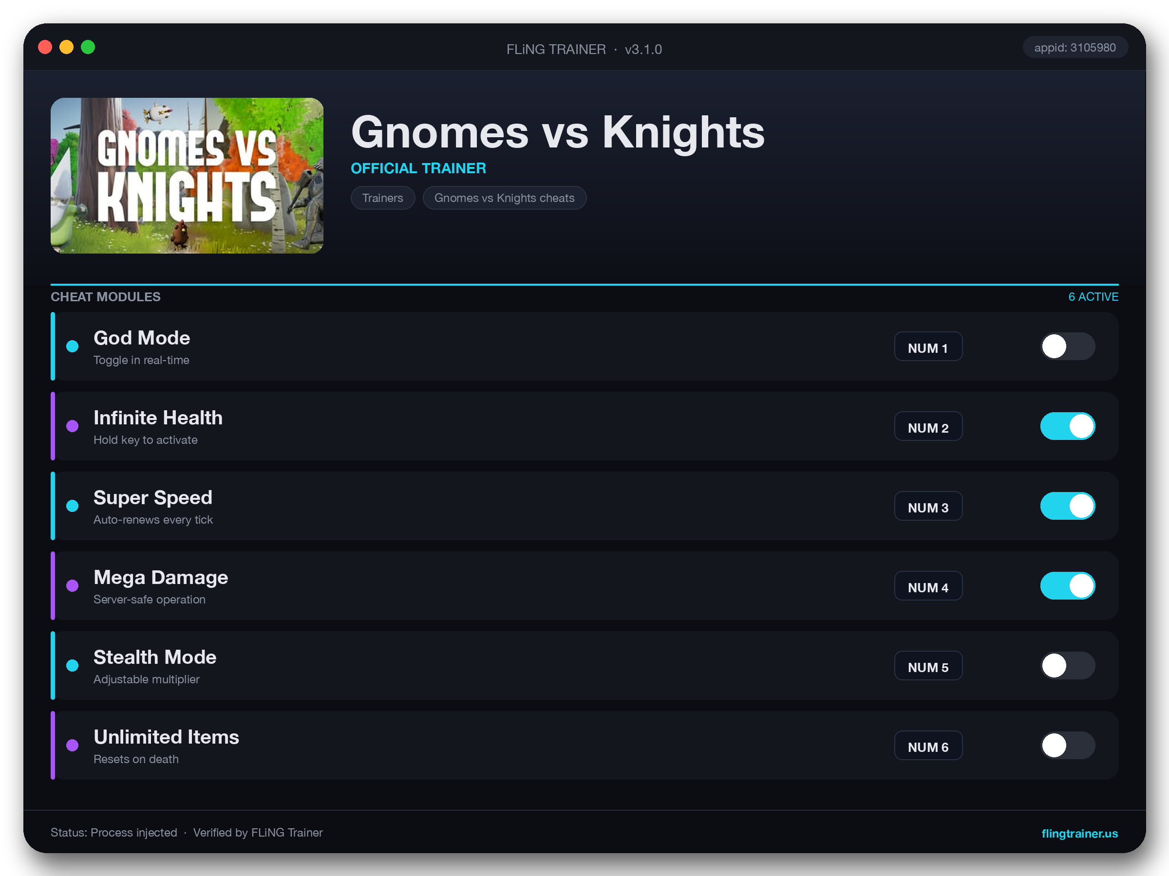 Gnomes vs Knights Trainer interface