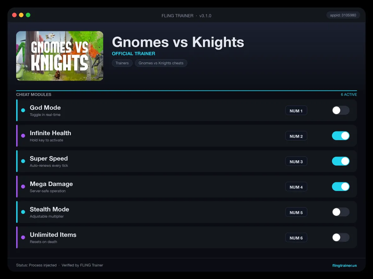 Gnomes vs Knights Trainer interface