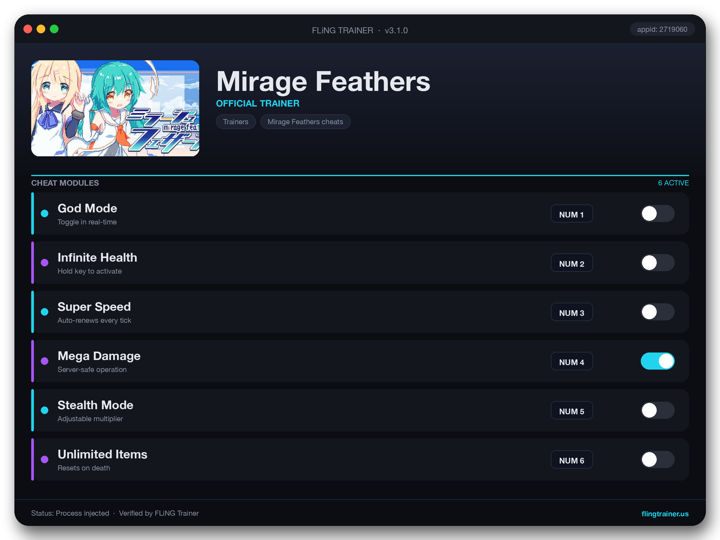 Mirage Feathers Trainer interface