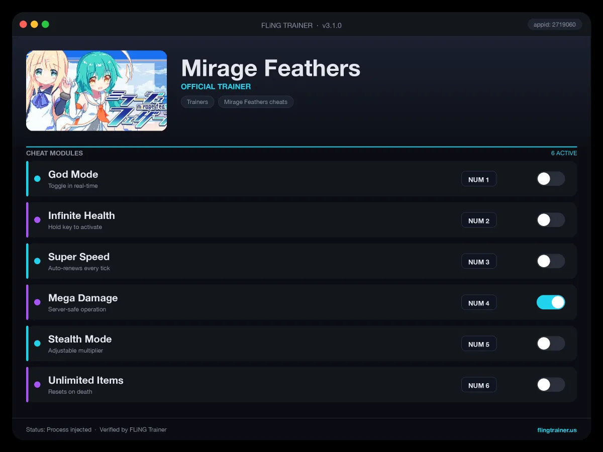 Mirage Feathers Trainer interface