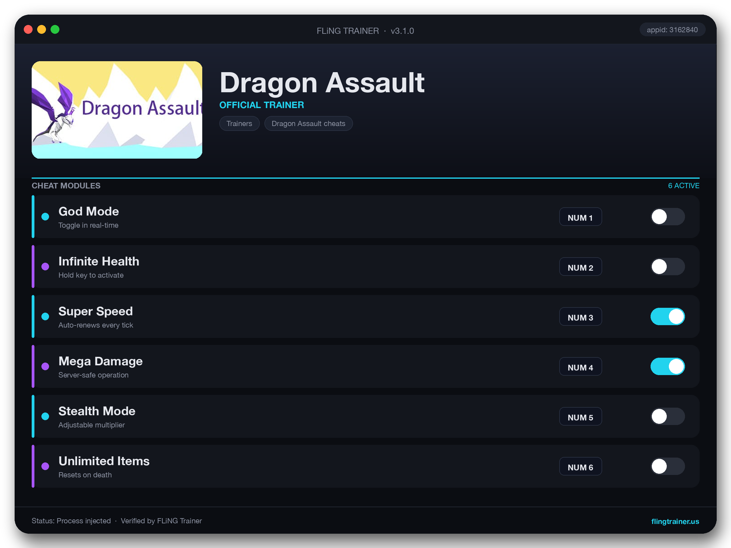 Dragon Assault Trainer interface