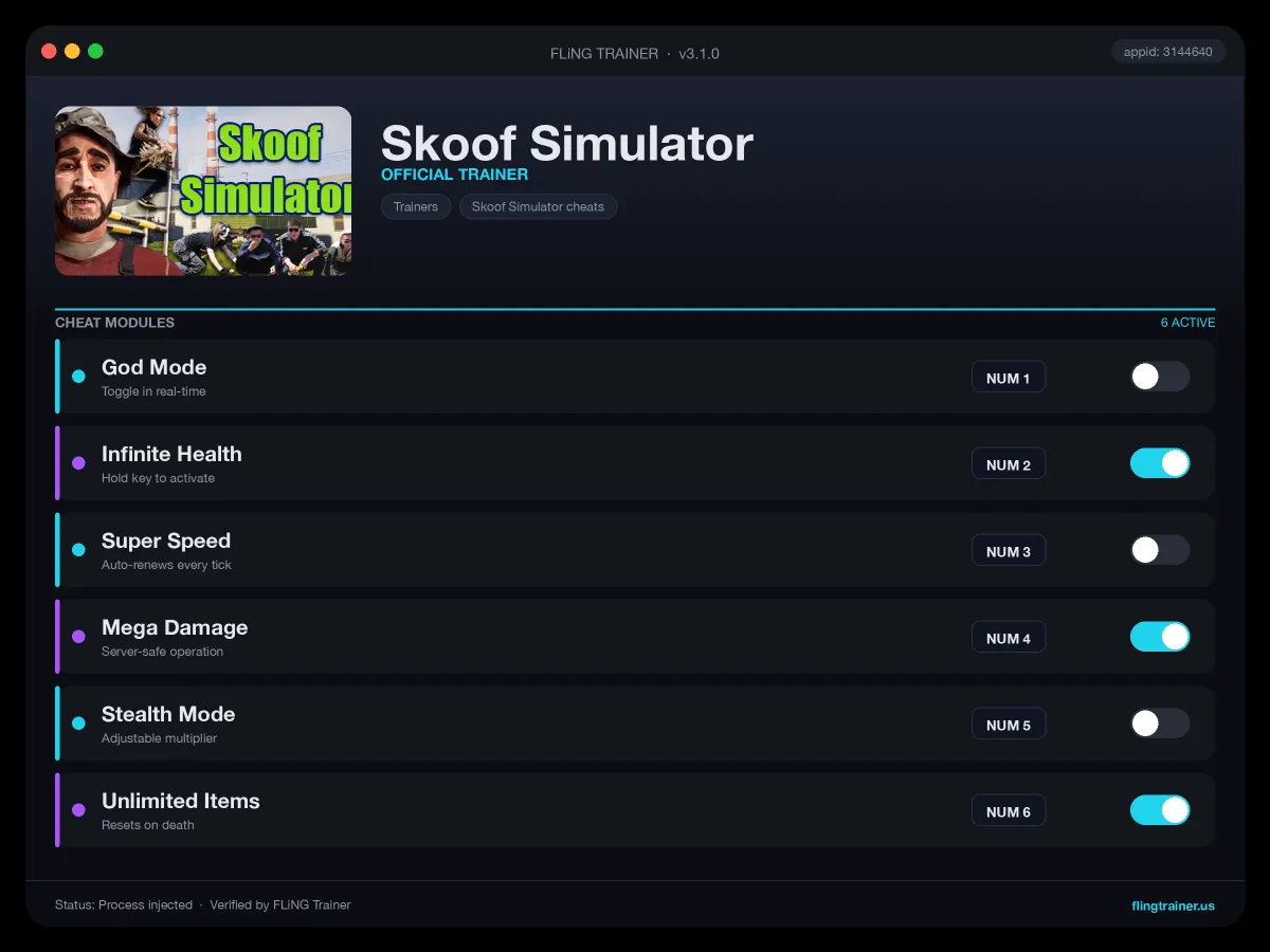 Skoof Simulator Trainer interface
