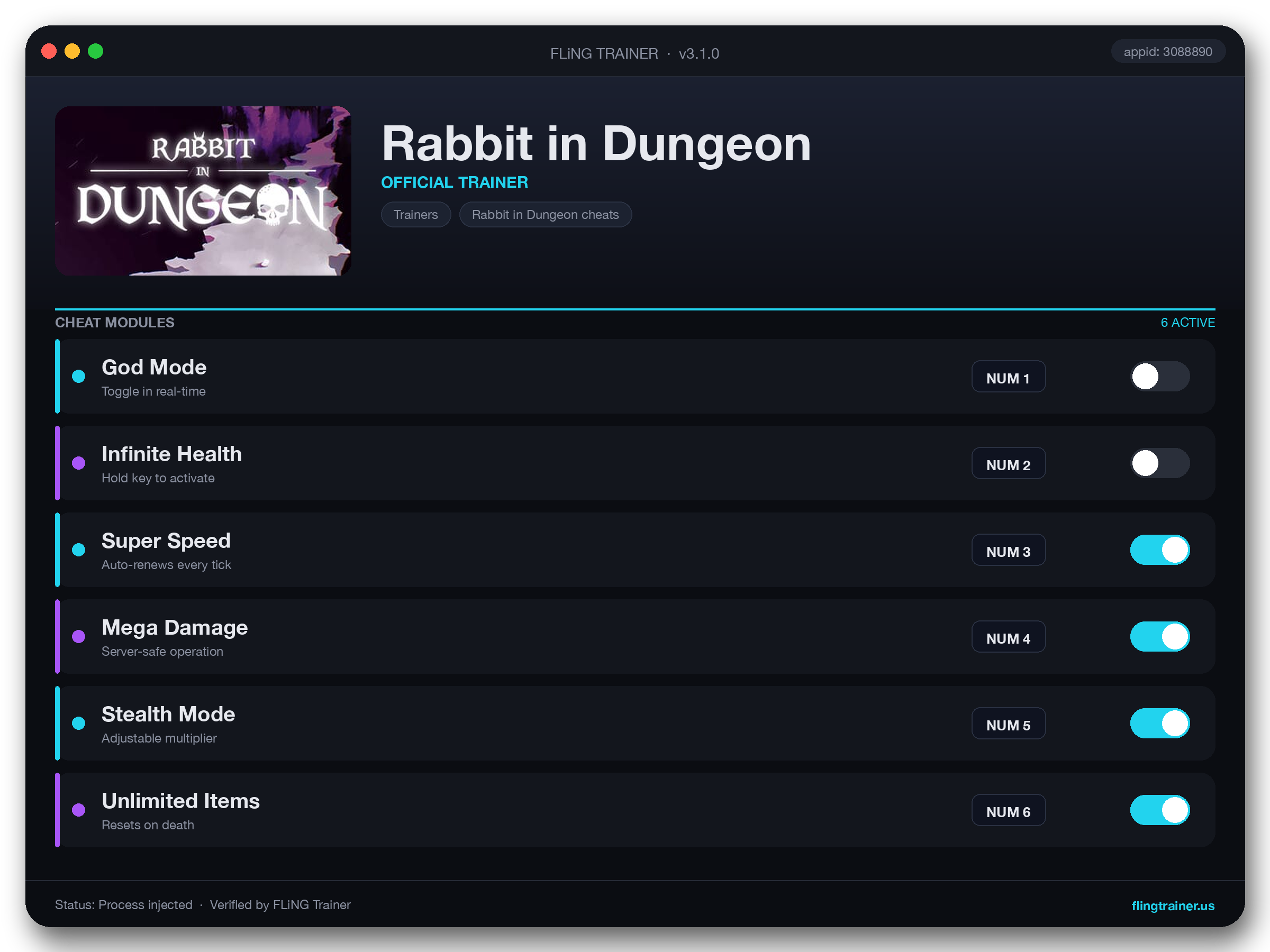 Rabbit in Dungeon Trainer interface