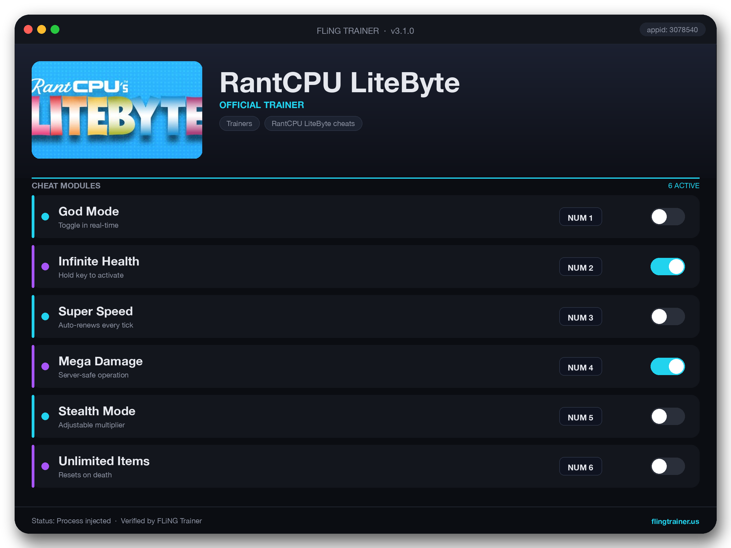 RantCPU LiteByte Trainer interface