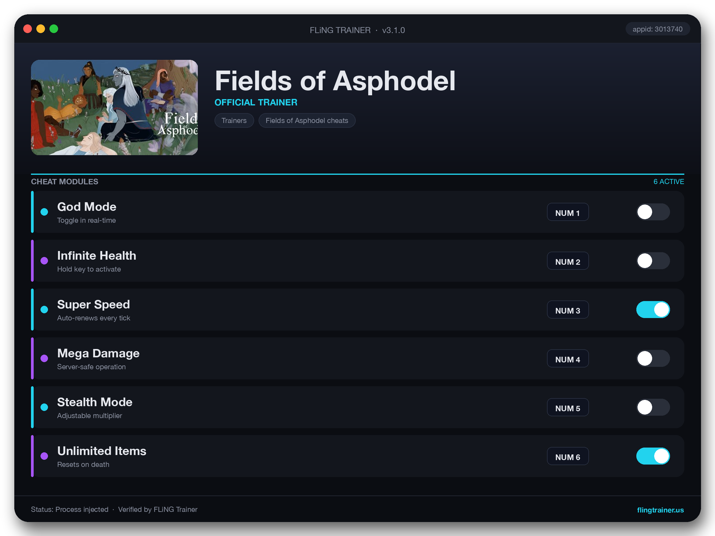 Fields of Asphodel Trainer interface