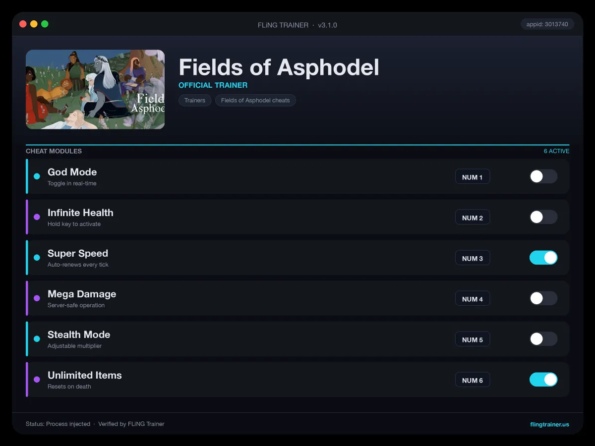 Fields of Asphodel Trainer interface