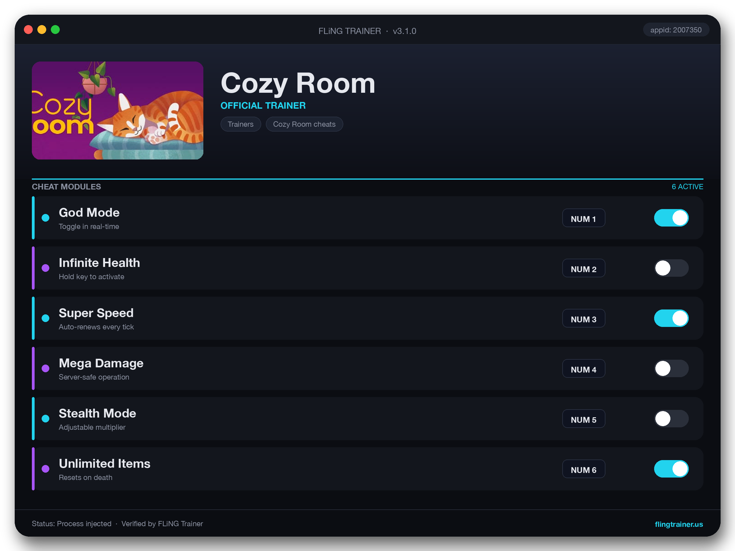 Cozy Room Trainer interface