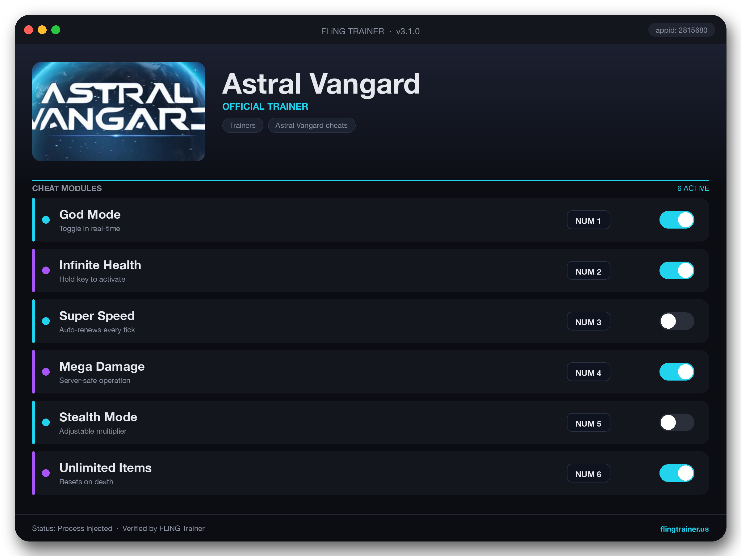 Astral Vangard Trainer interface