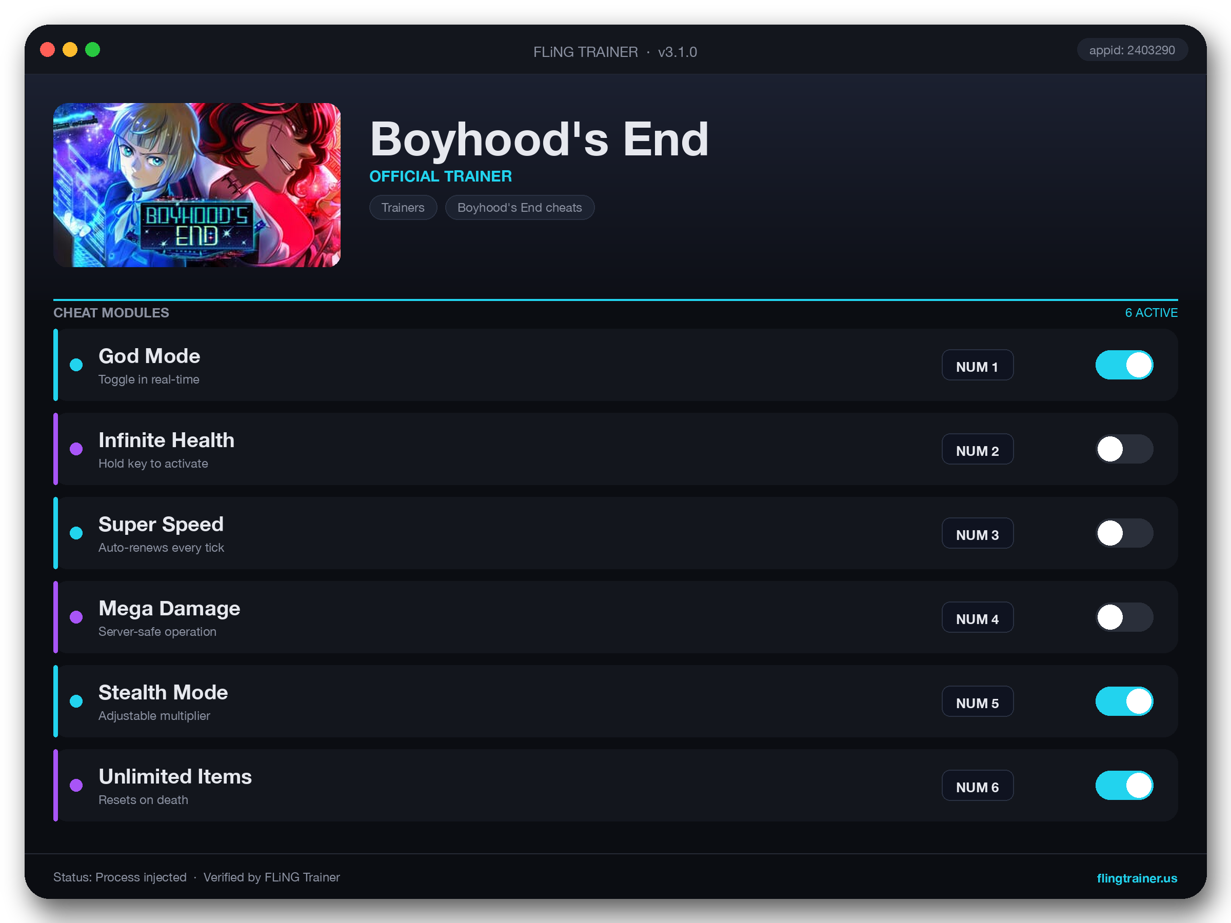 Boyhood's End Trainer interface