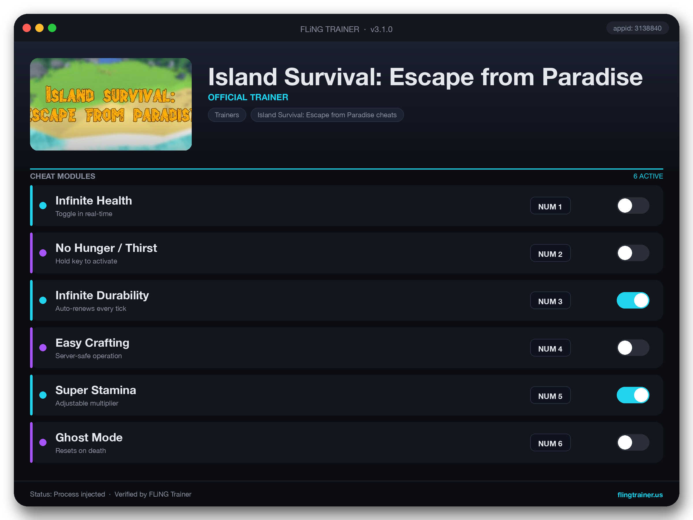 Island Survival: Escape from Paradise Trainer interface