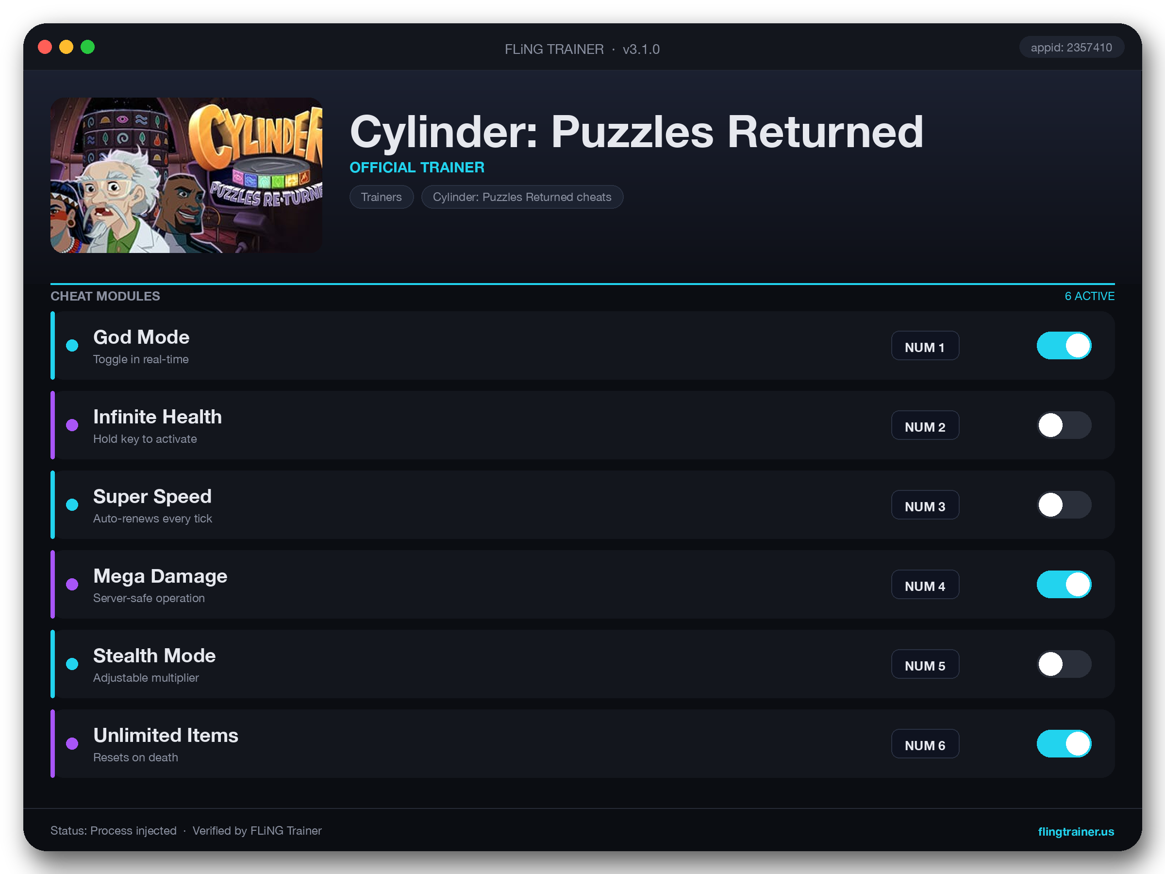 Cylinder: Puzzles Returned Trainer interface