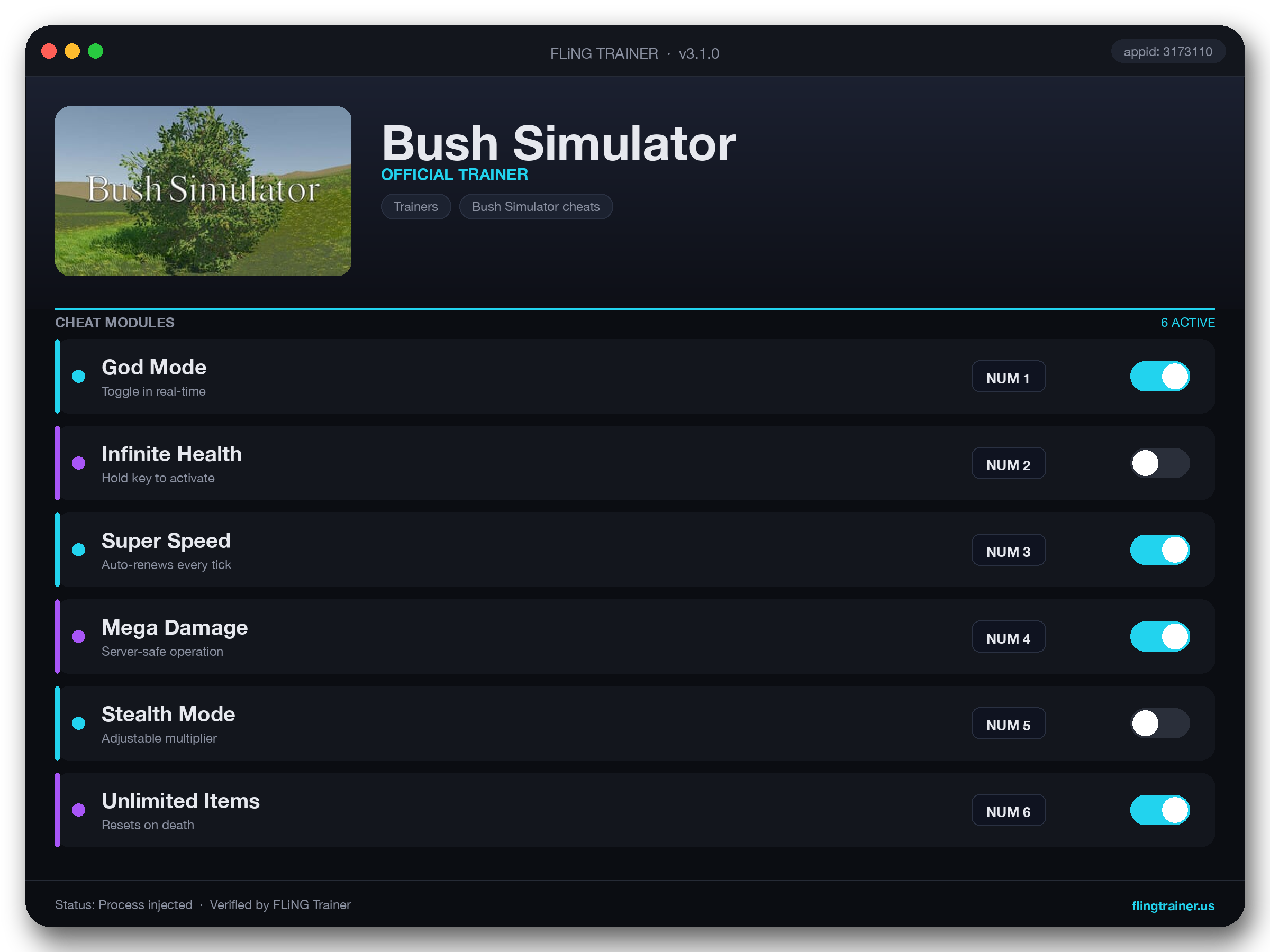 Bush Simulator Trainer interface