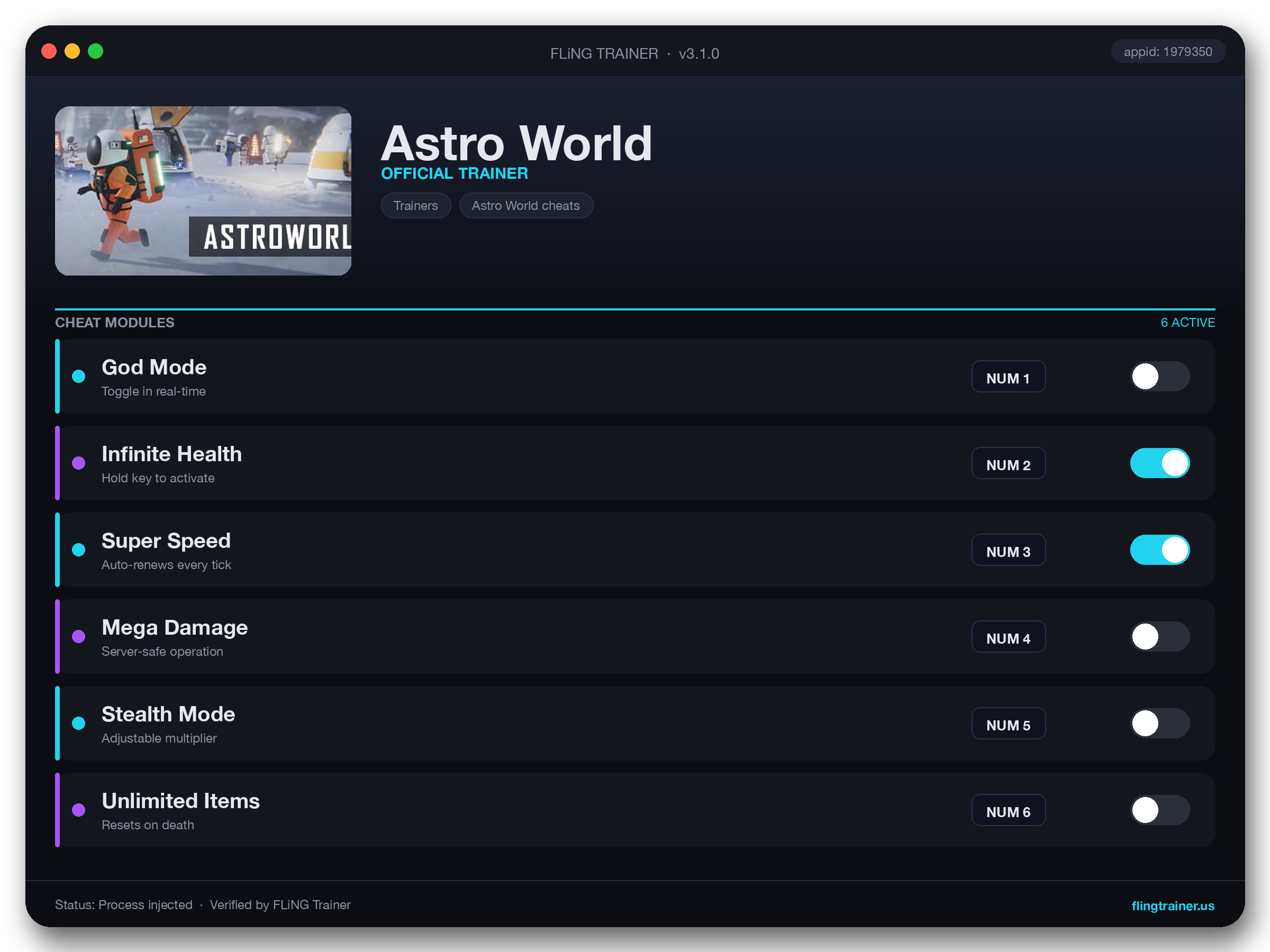 Astro World Trainer interface