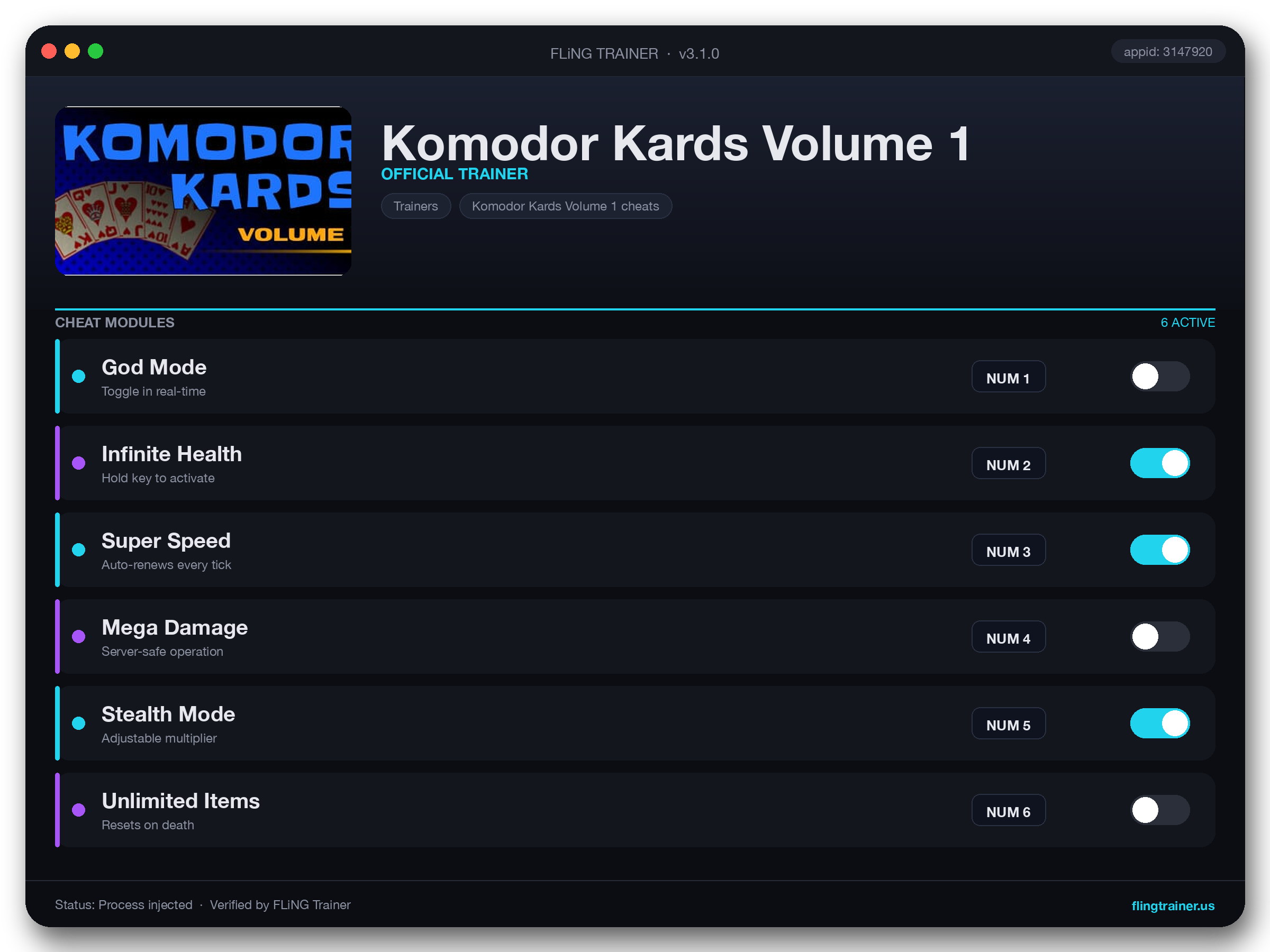 Komodor Kards Volume 1 Trainer interface