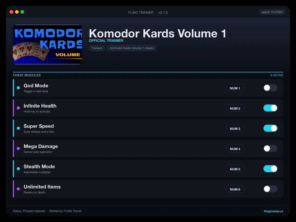 Komodor Kards Volume 1 Trainer interface